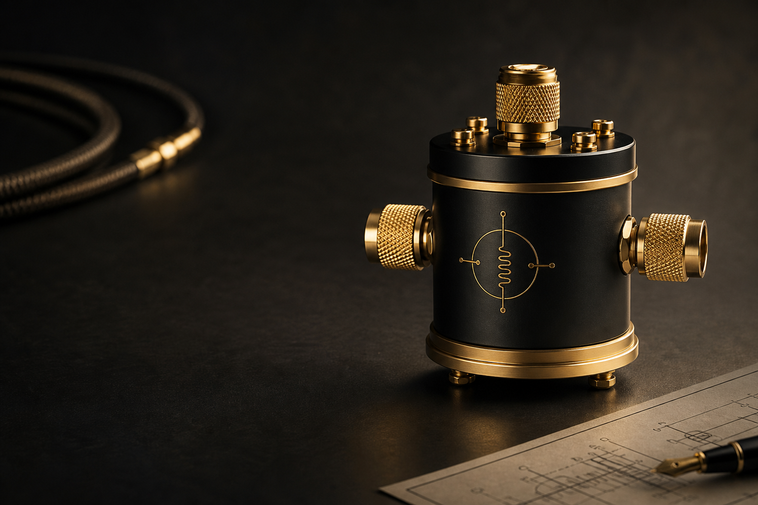 Luxury black and gold antenna balun product on a studio table